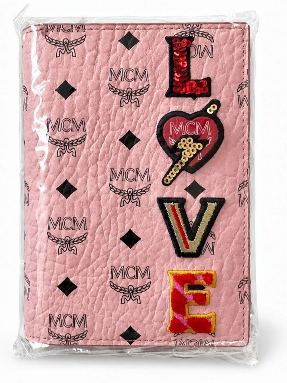 MCM Visetos Love Patch Passport Holder Soft Pink Tablet Case Pink & Black